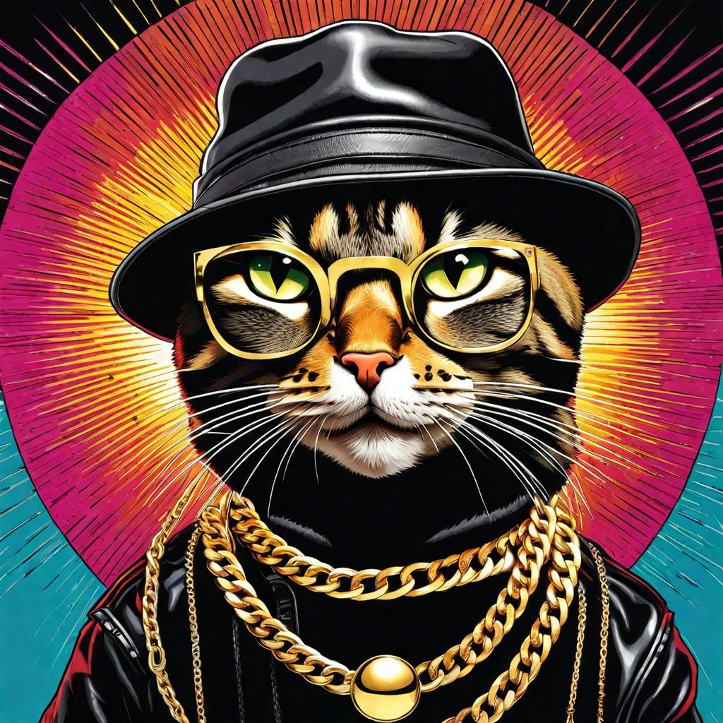 Hiphop Cat in 80s Style with Bucket Hat