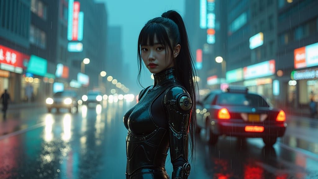 Cybernetic Girl Waits for Taxi in Futuristic City