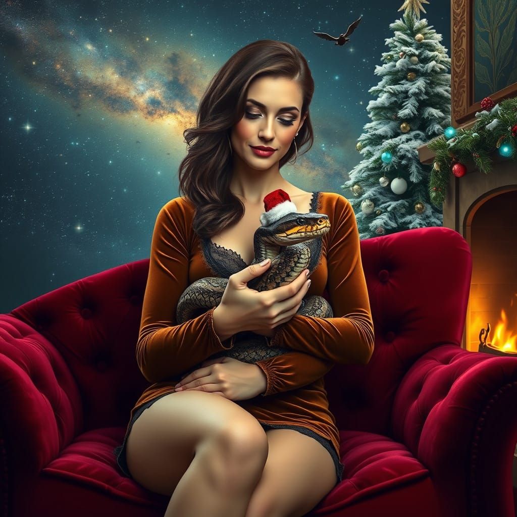Surrealist Winter Goddess Adorns Christmas Snake with Velvet...