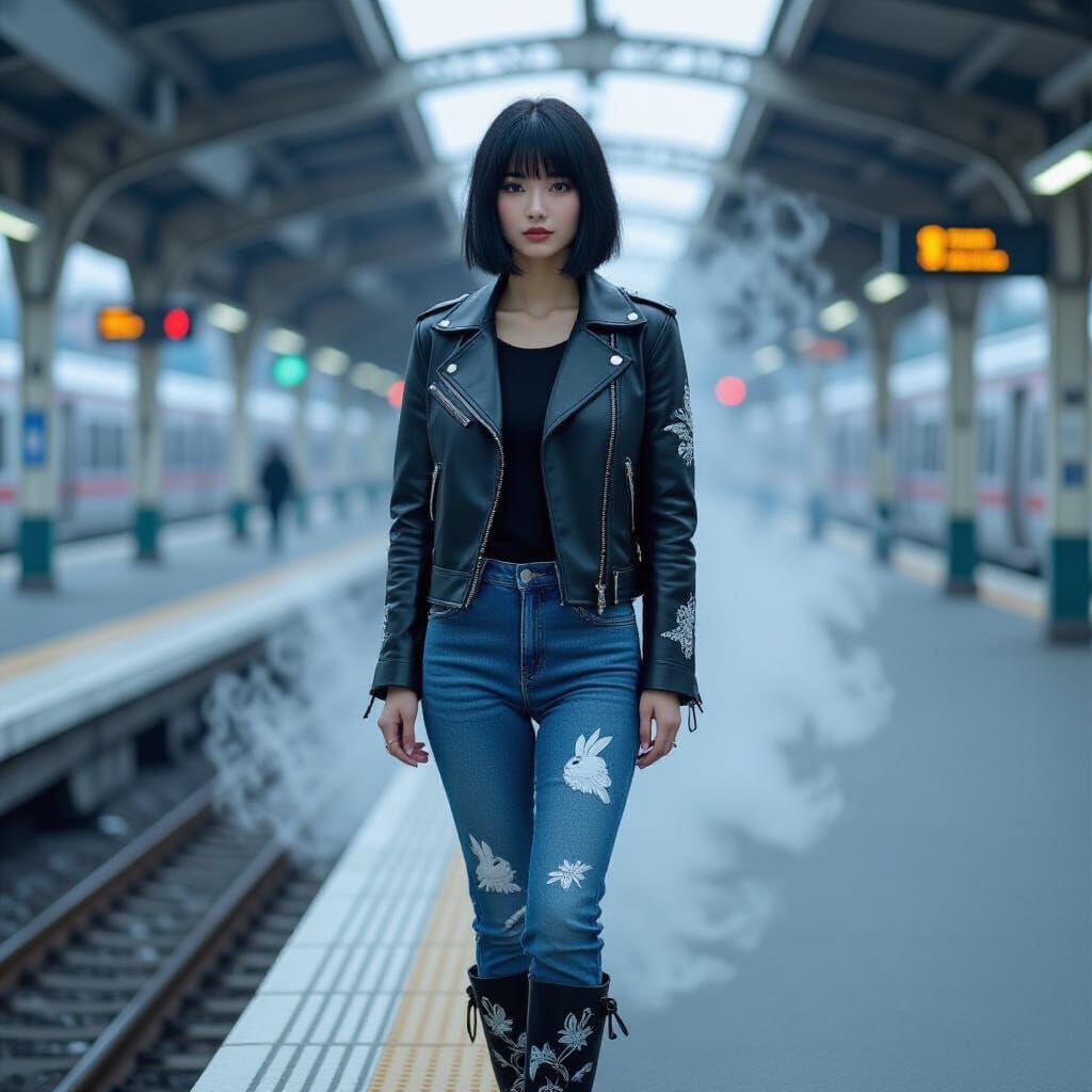 Woman on Train Platform with Embroidered Jacket