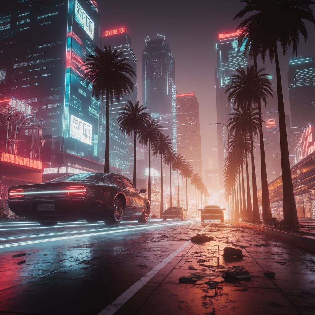 Cyberpunk Los Angeles Skyline with Hovering Cars