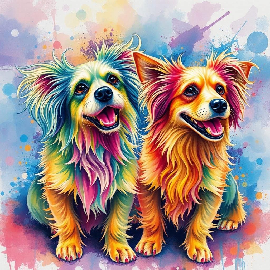 Lisa Frank Dogs, Happy splashy Watercolour by "anime," influ...