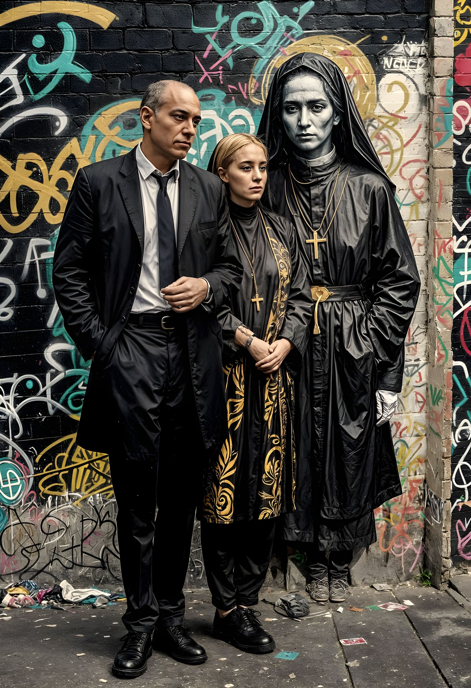 Blind Man and Priest Against Graffiti Wall