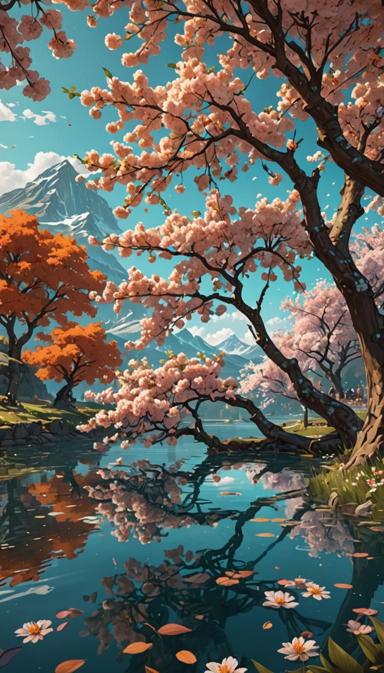 Cherry Tree Blossoms on Lake, Dynamic Lighting