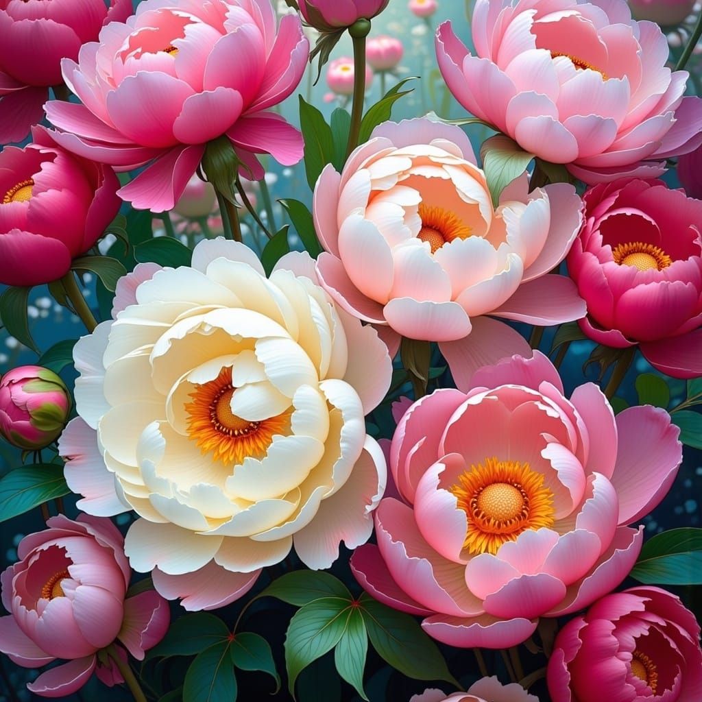 Bright Peony in Art Nouveau Style