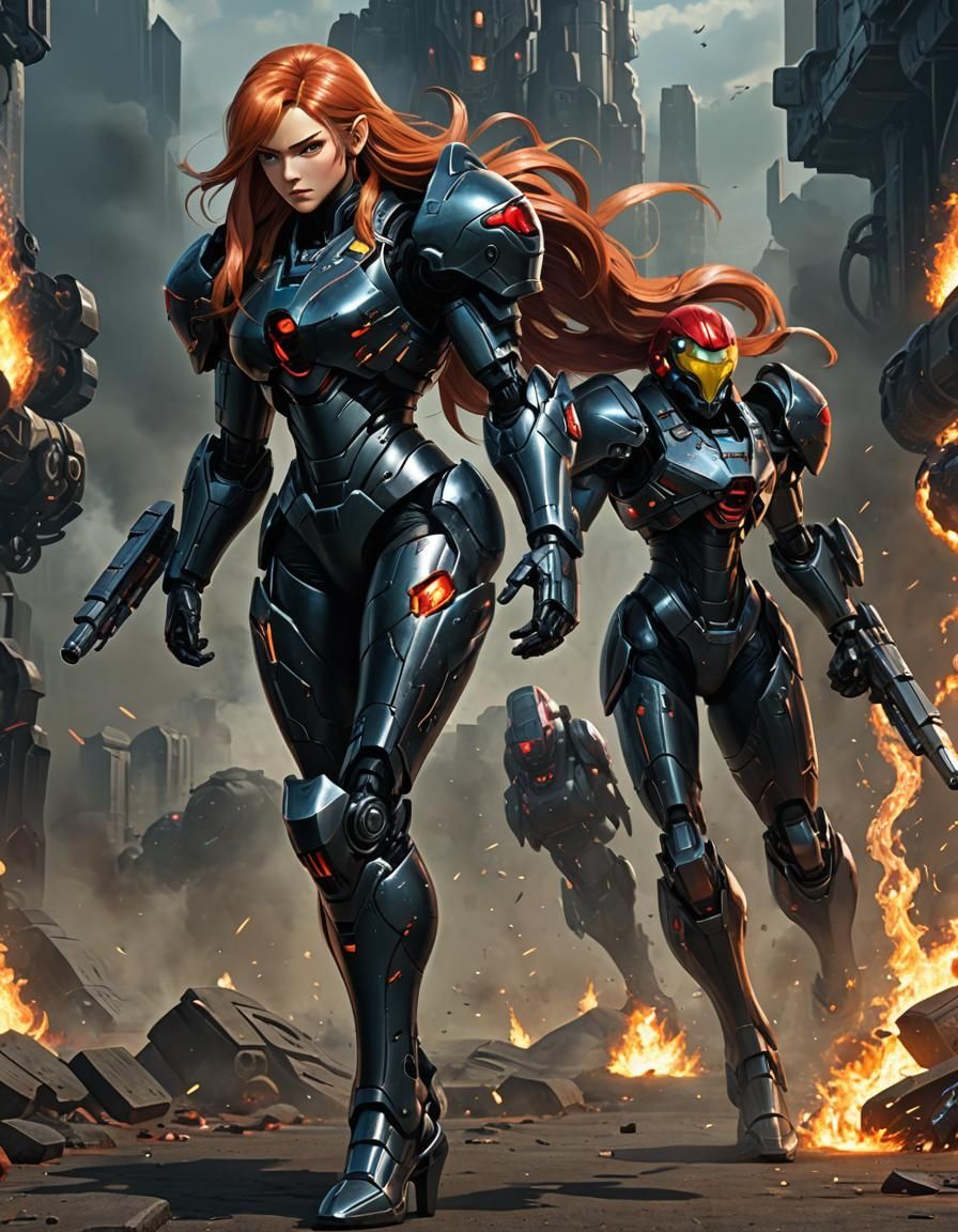 Sci-Fi Woman in Black Power Armor Concept Art