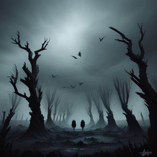 Ravens Gathering Under Stormy Sky in Dark Fantasy Style