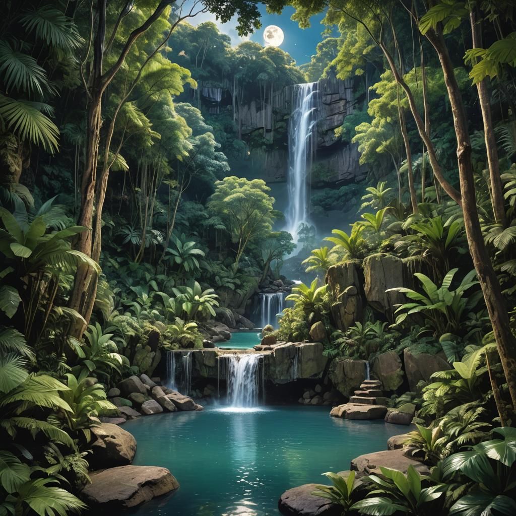 Lush Tropical Waterfall Scene with Woman in Pool