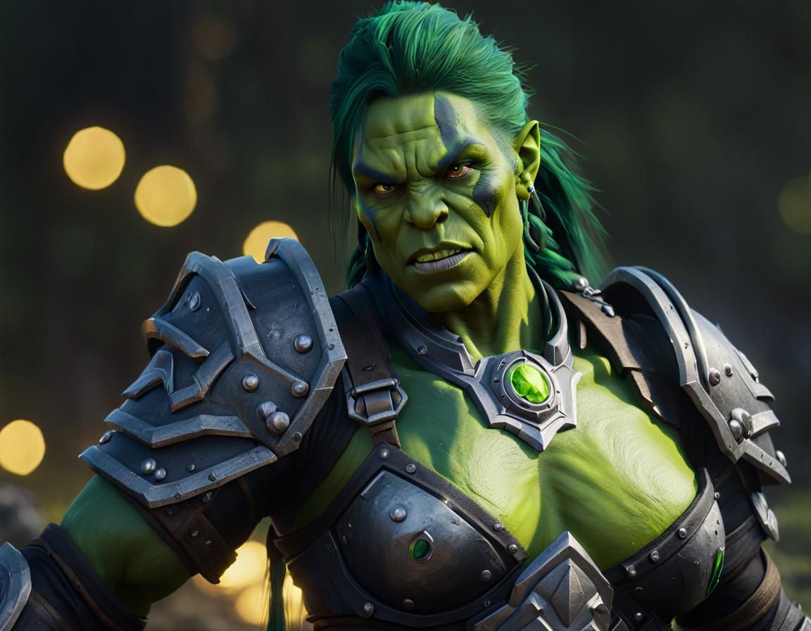 Fierce Orc Warrior on Battlefield in Hyperrealism