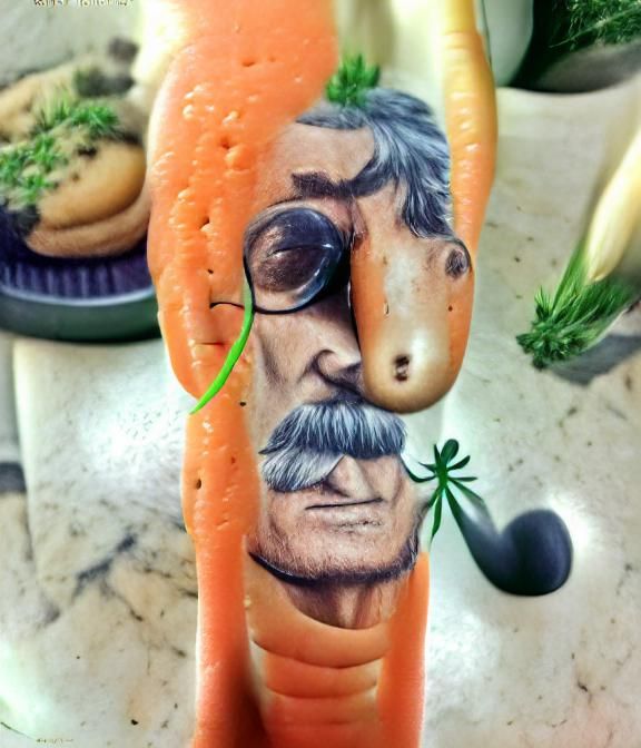 Hyperrealistic Monocled Man Imprinted on Carrot
