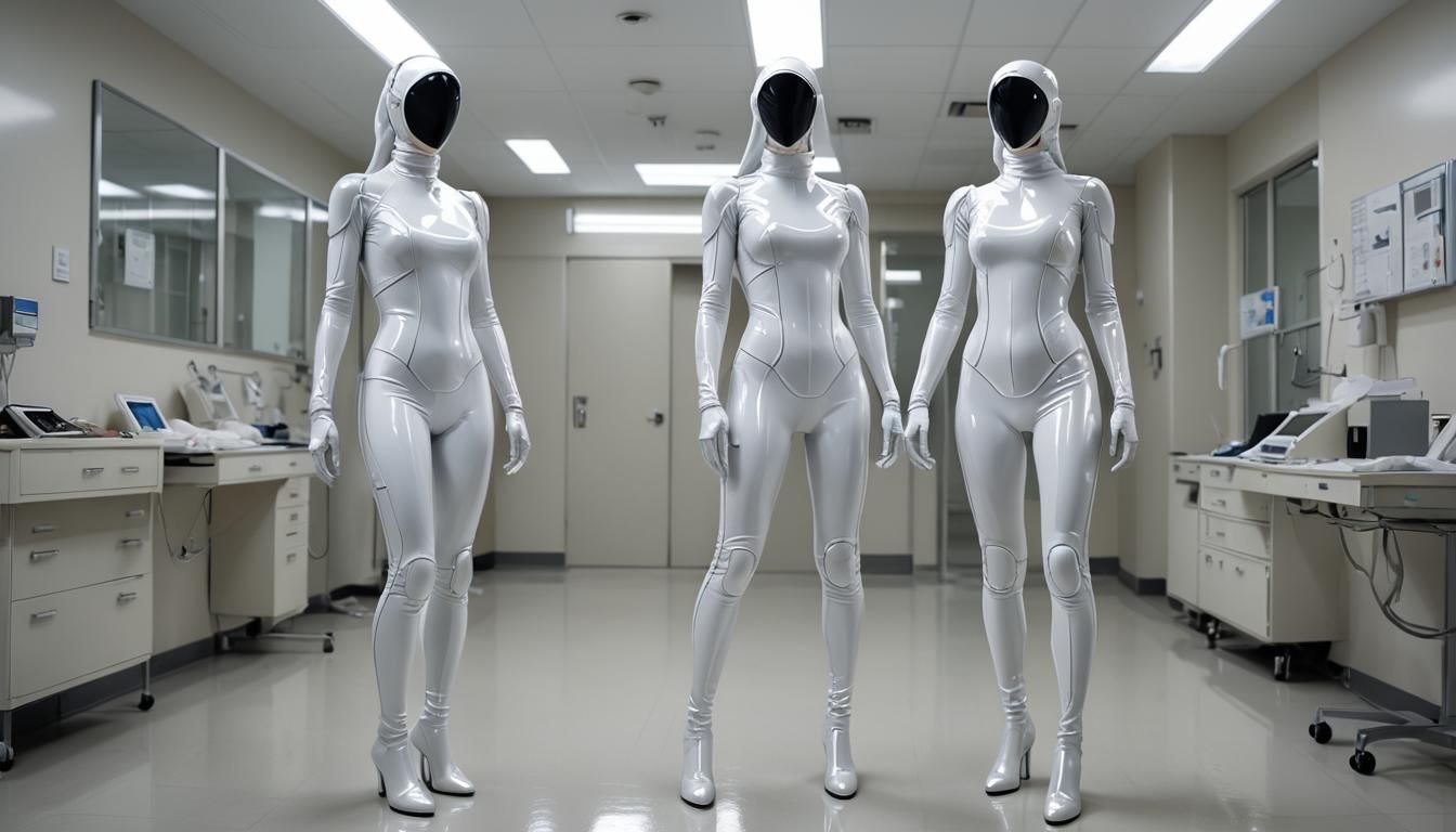 Futuristic Nurse Robots in Reflective Latex Suits