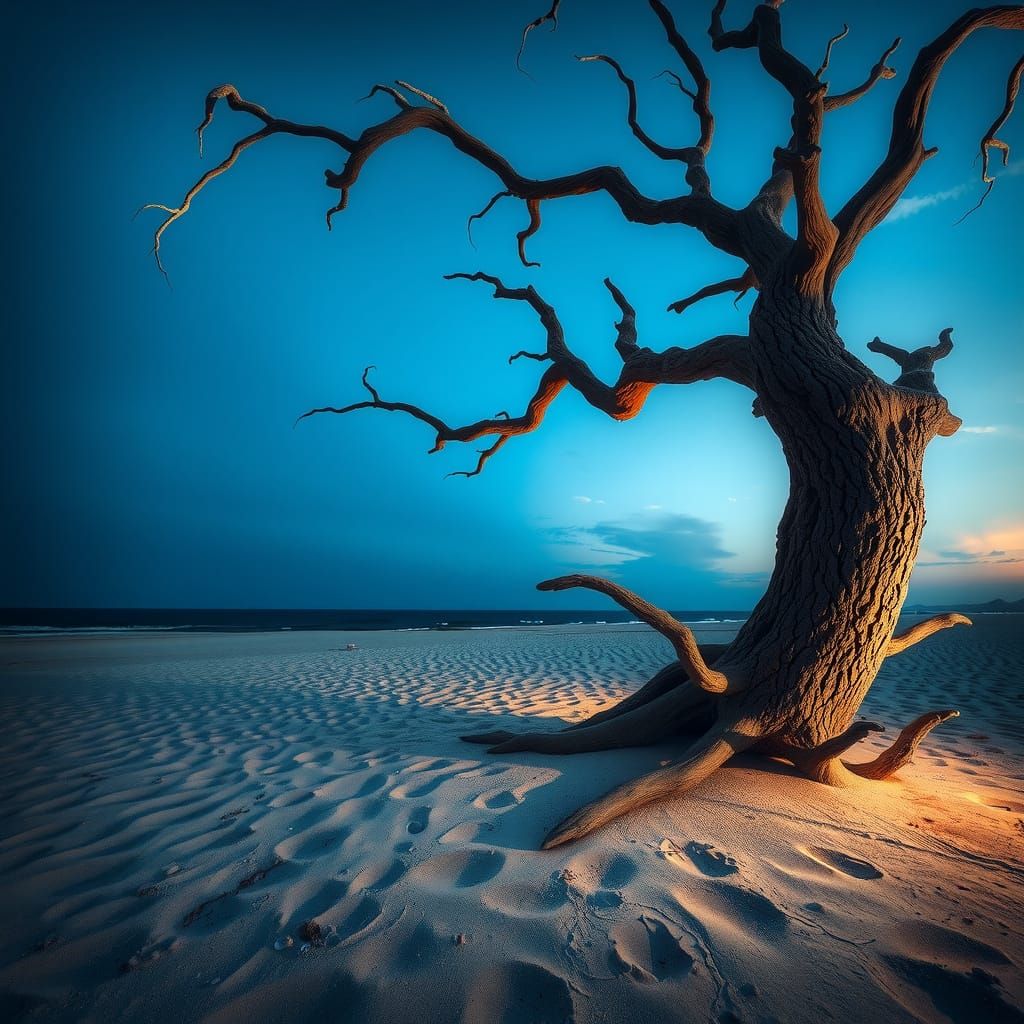Surreal Tree Form Takes Flight on Desert Beach in Golden Twi...