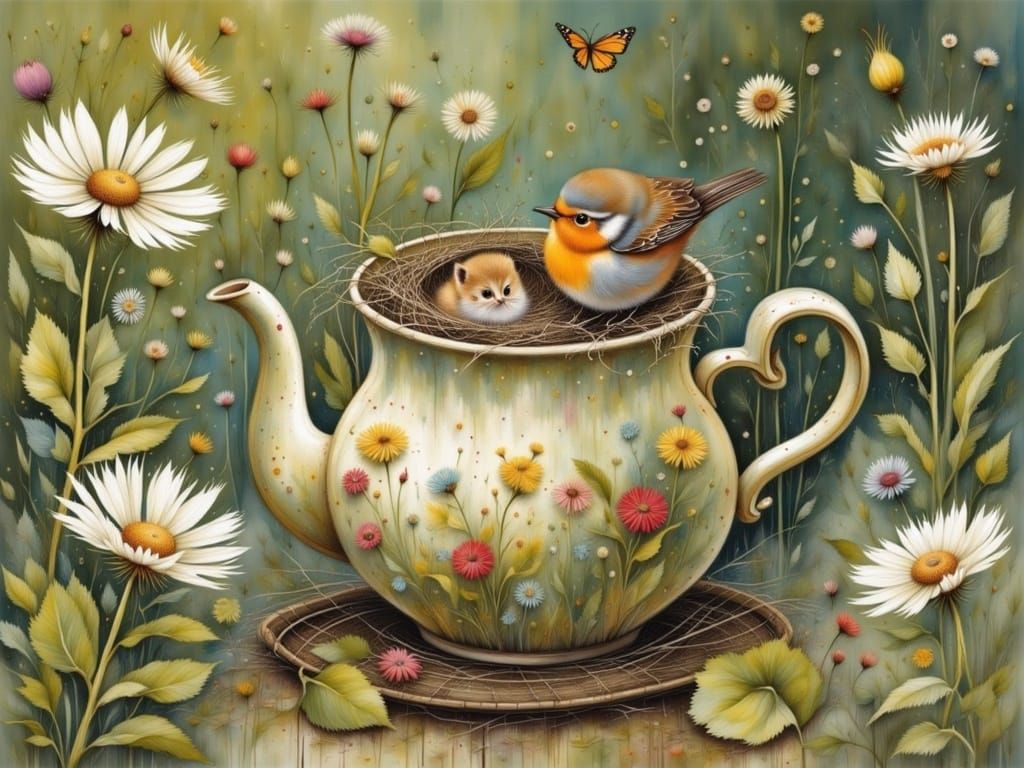 Robin's Teapot Nest: Whimsical Storybook Illustration