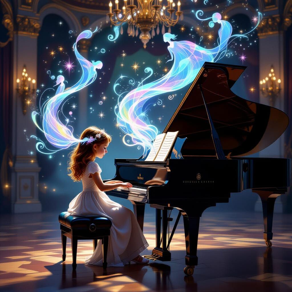 Girl Plays Piano, Music Becomes Dancing Figures