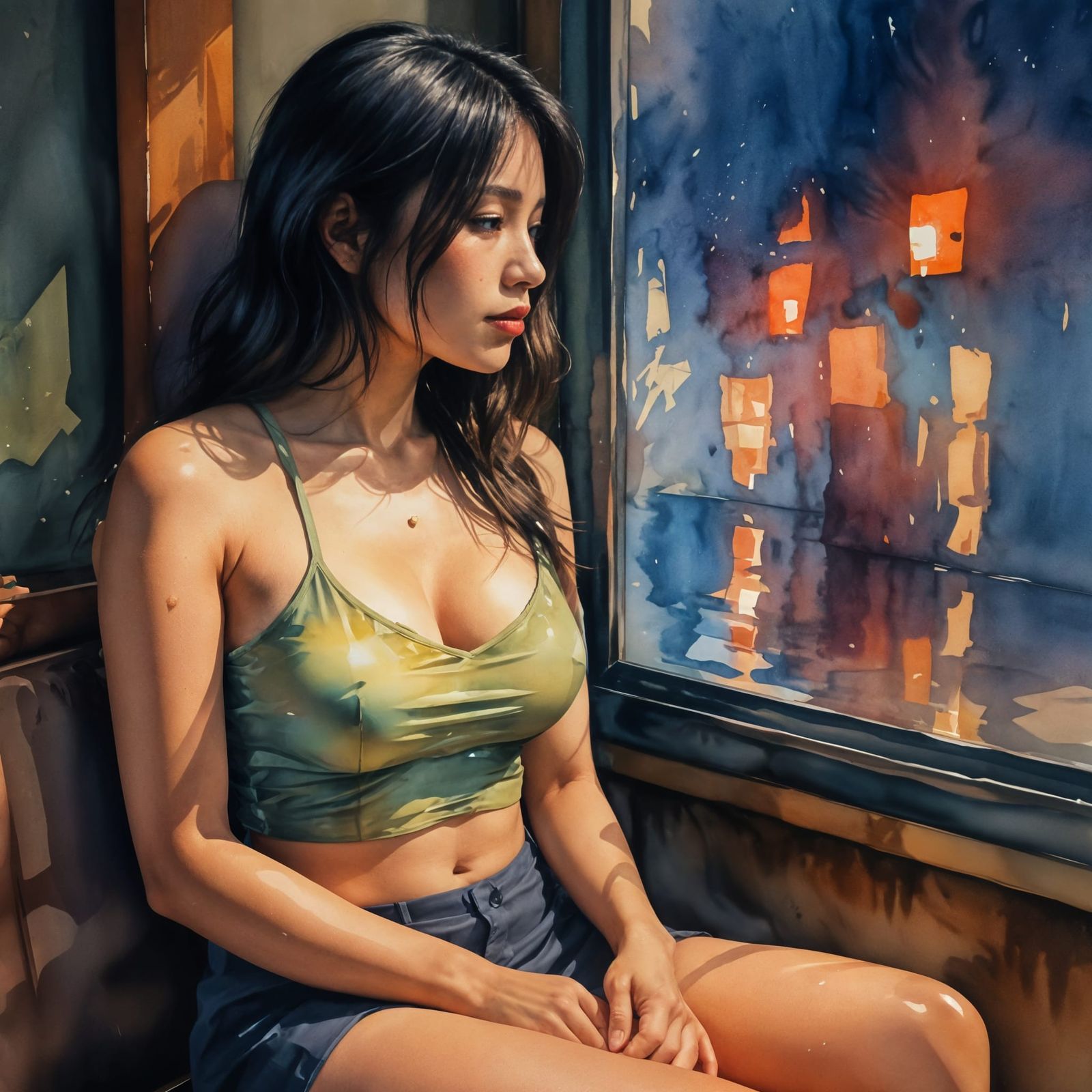 Vivid Watercolor Mirror Reflection with Block Shadows