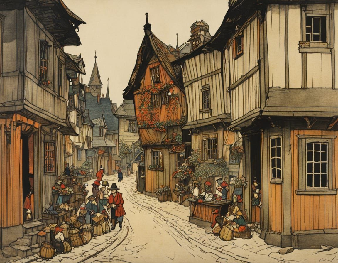 Charming Village Scene by Ludwig Bemelmans and Arthur Rackha...