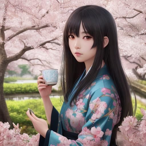 Anime Style: Asian Woman in Cherry Blossom Teahouse