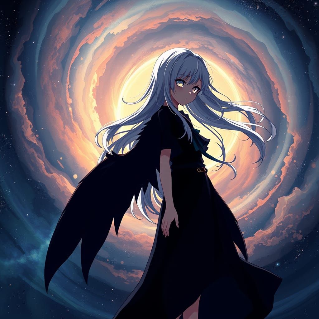 Anime Girl with Wings Against Nebula Background