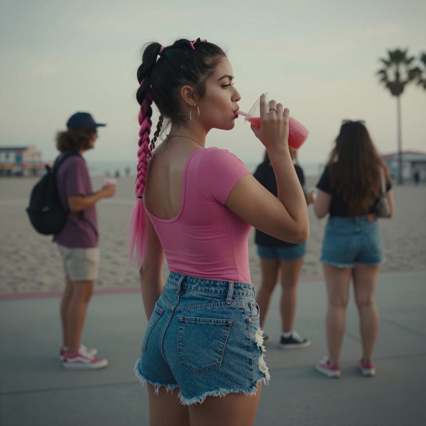 Punk Girl Drinks Boba on Venice Beach Boardwalk