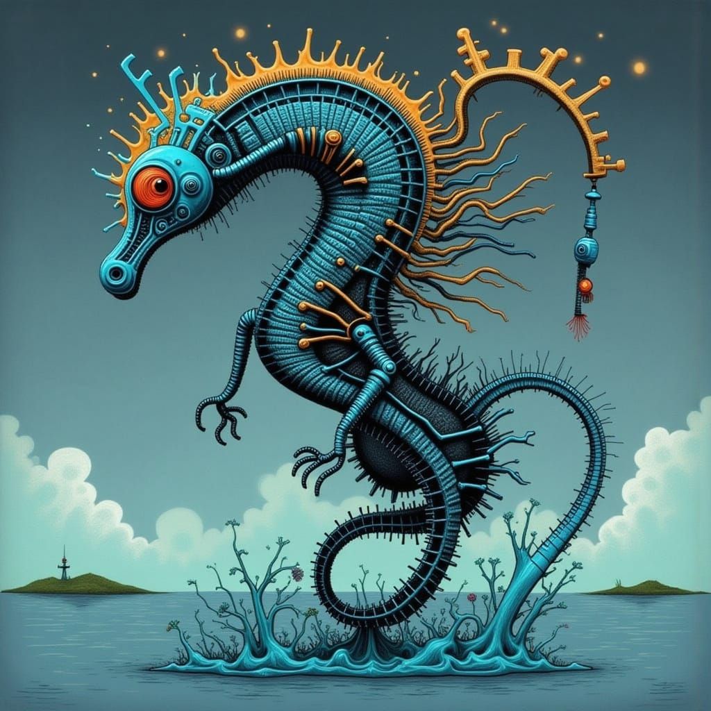 Robot Seahorse in Surreal Underwater Landscape