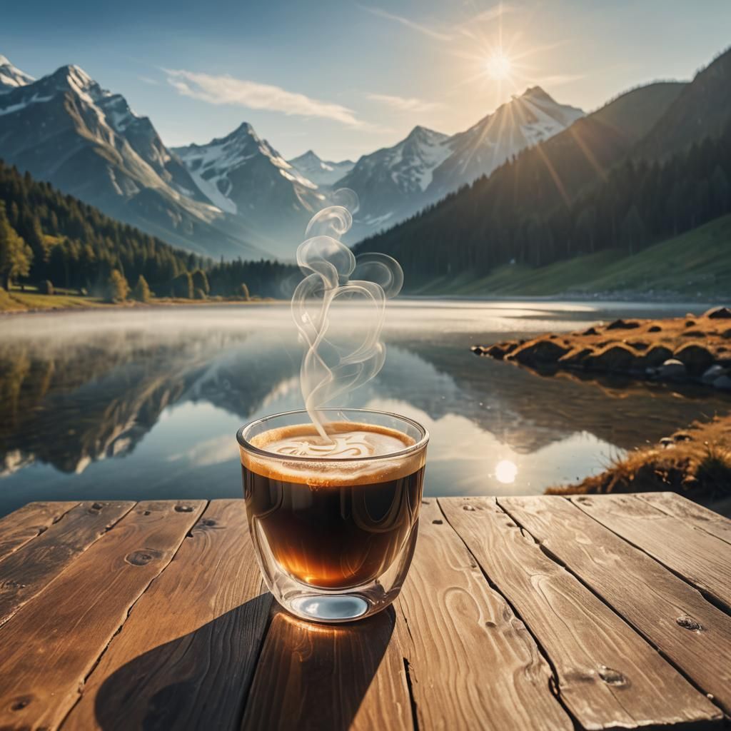 Surreal Coffee with Mountain Landscape in Oil Painting Style