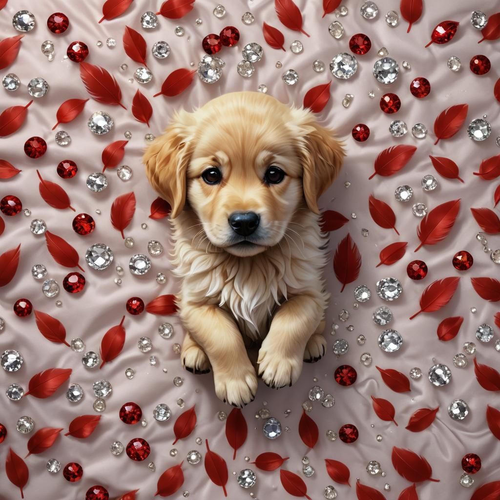 Cute Golden Retriever Puppy on Jeweled Pillow