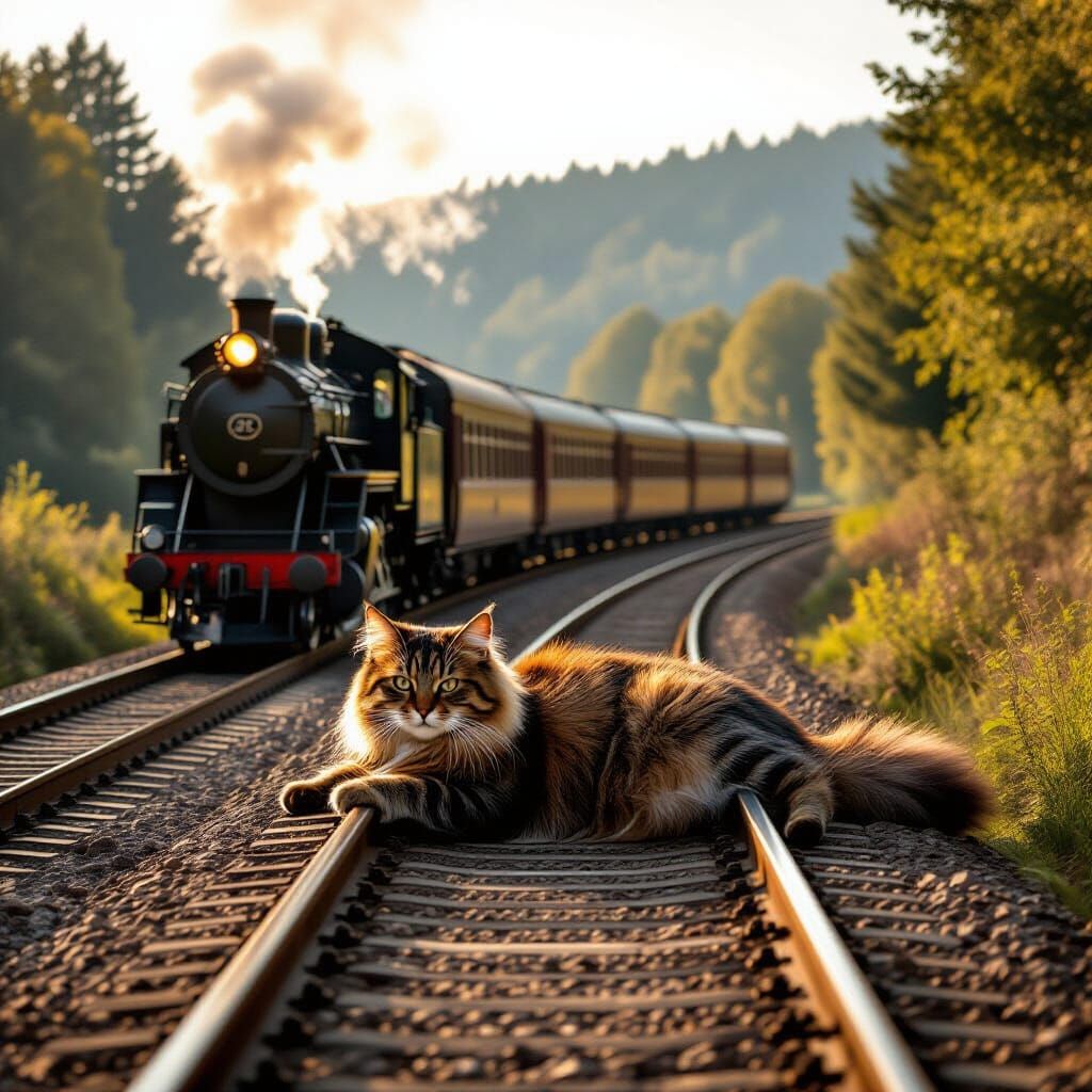 Giant Cat on Railway: Ultra-Realistic Countryside Scene