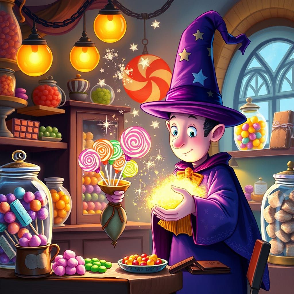 Whimsical Magician Conjures Lollipops in Candy Shop
