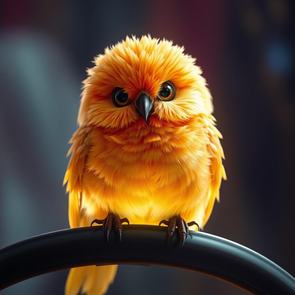 A Fluffy Orange bird, Round Structure , Rounded Big Eyes, Sitting On Ring Light, Soft Glowing Light In Background.
