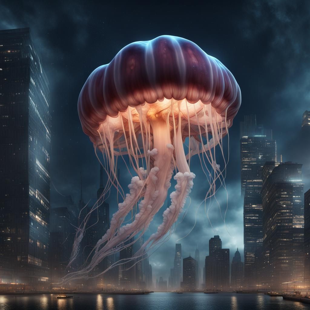 Giant Jellyfish Floats Over City, Detailed Matte Painting