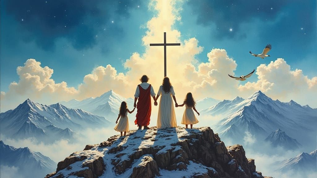 Warrior Family on Mountain Peak in Gouache Style