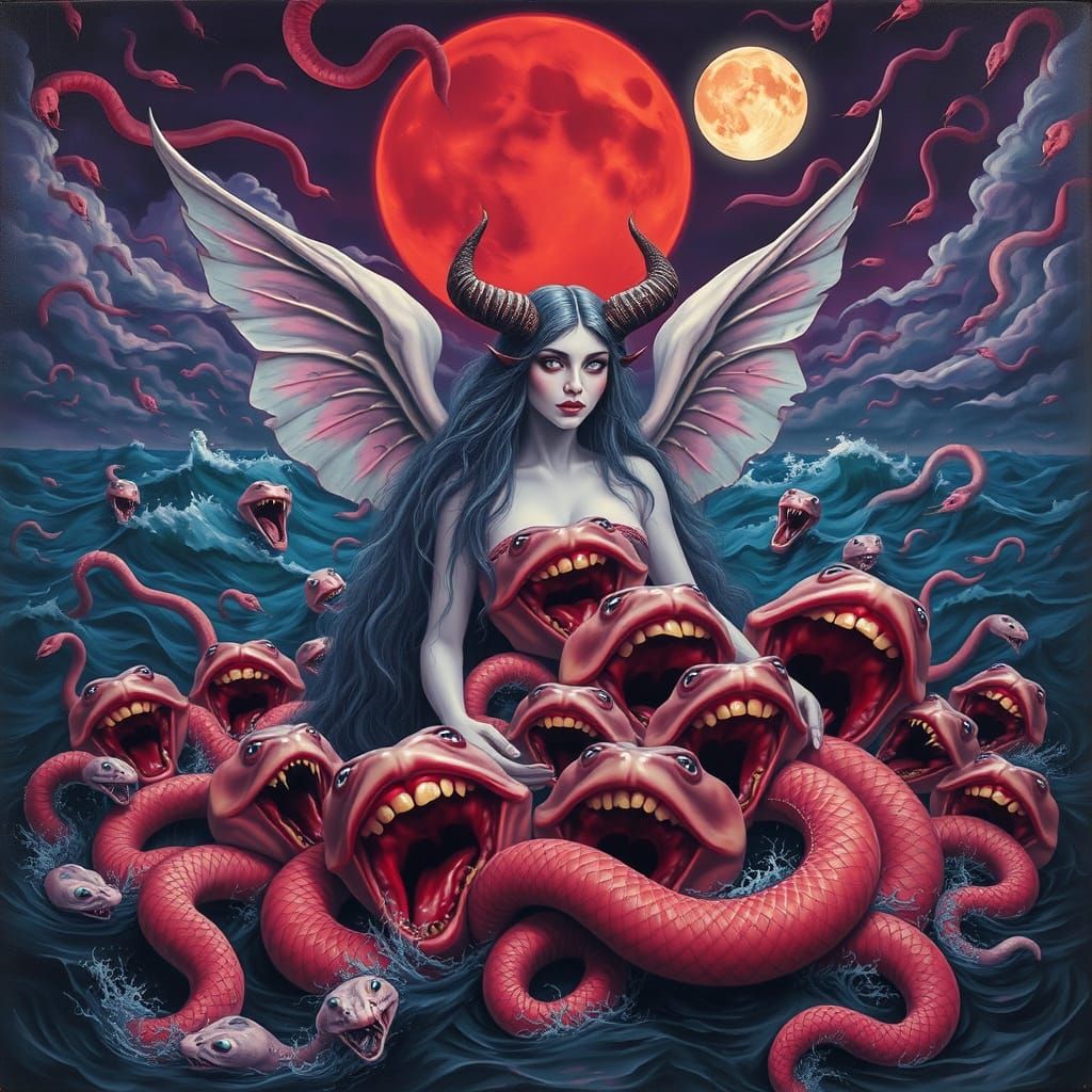 Gothic Goddess in Surreal Dali-esque Ocean of Lips