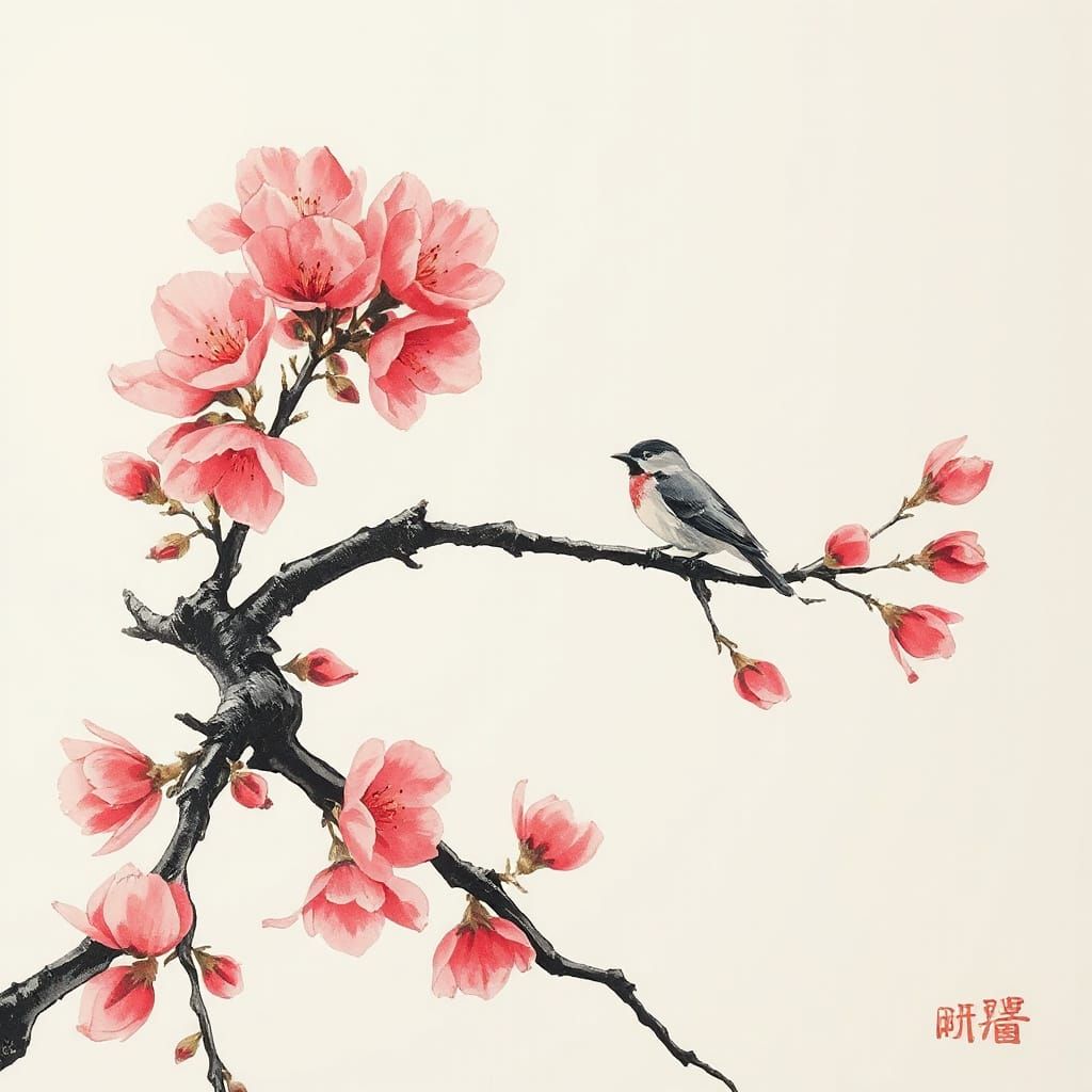 Cherry Blossom Bird in Expressionist Ink Painting