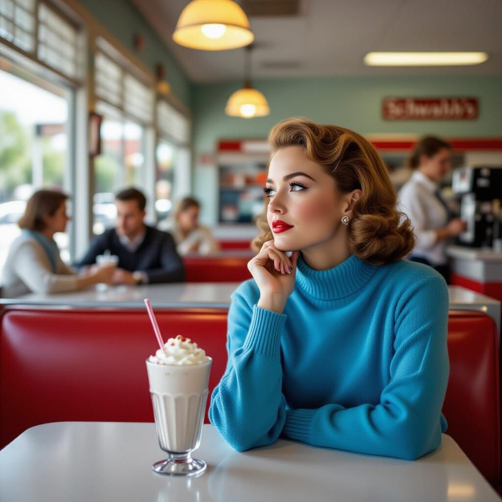 1950s Woman Daydreaming at Luncheon Counter