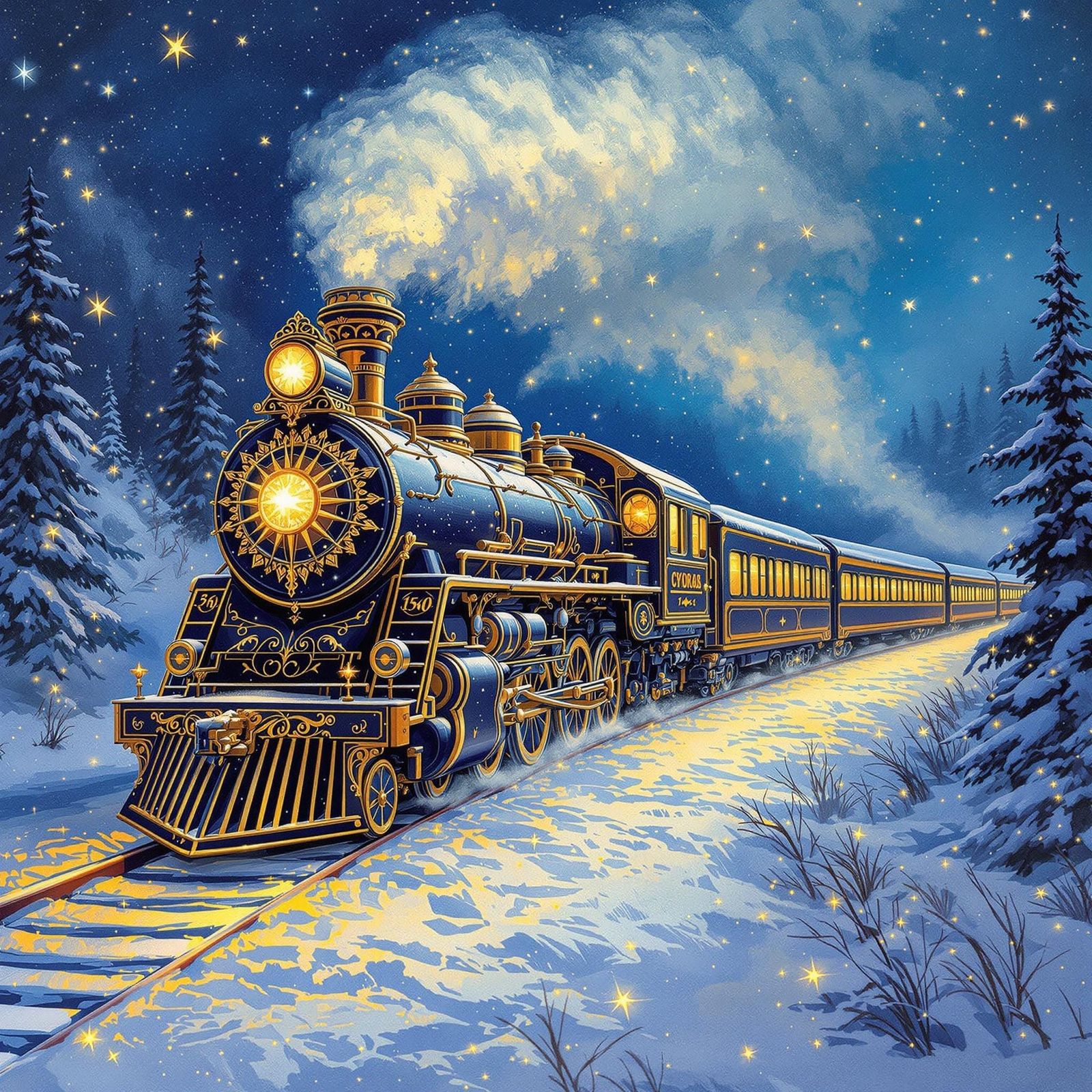 Snowy Train Journey in Impressionistic Winter Landscape