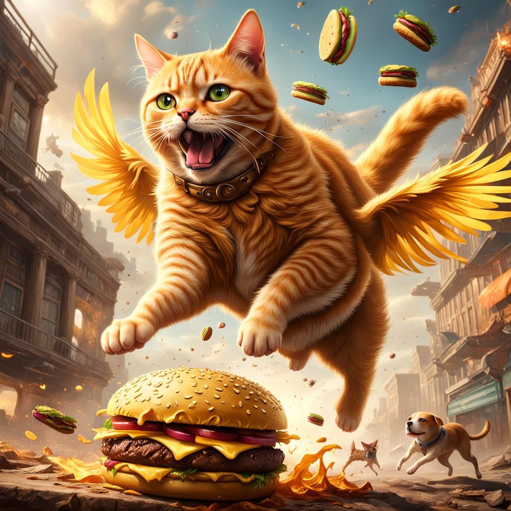 Cat and Dog Fight Over Hamburger, Detailed Matte Painting