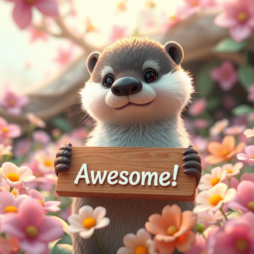 Whimsical Otter Holds Wooden Table in Surreal Wonderland