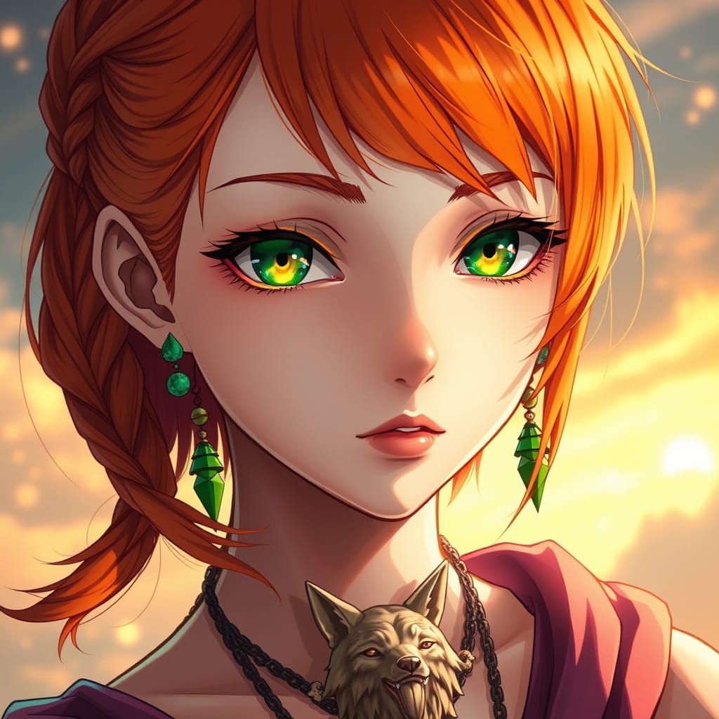 Anime Girl with Orange Hair and Wolf Pendant