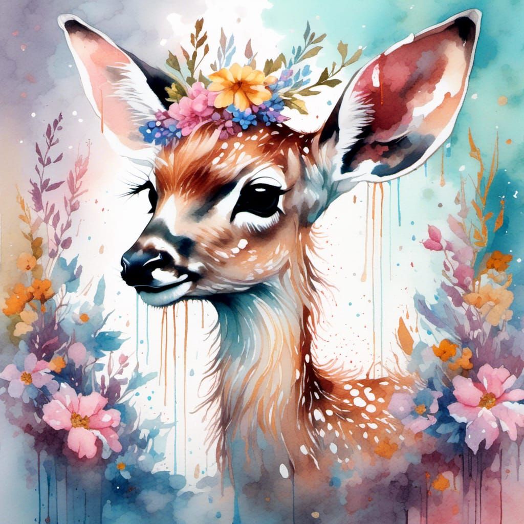 Pastel Fawn in Watercolor Fantasy Art