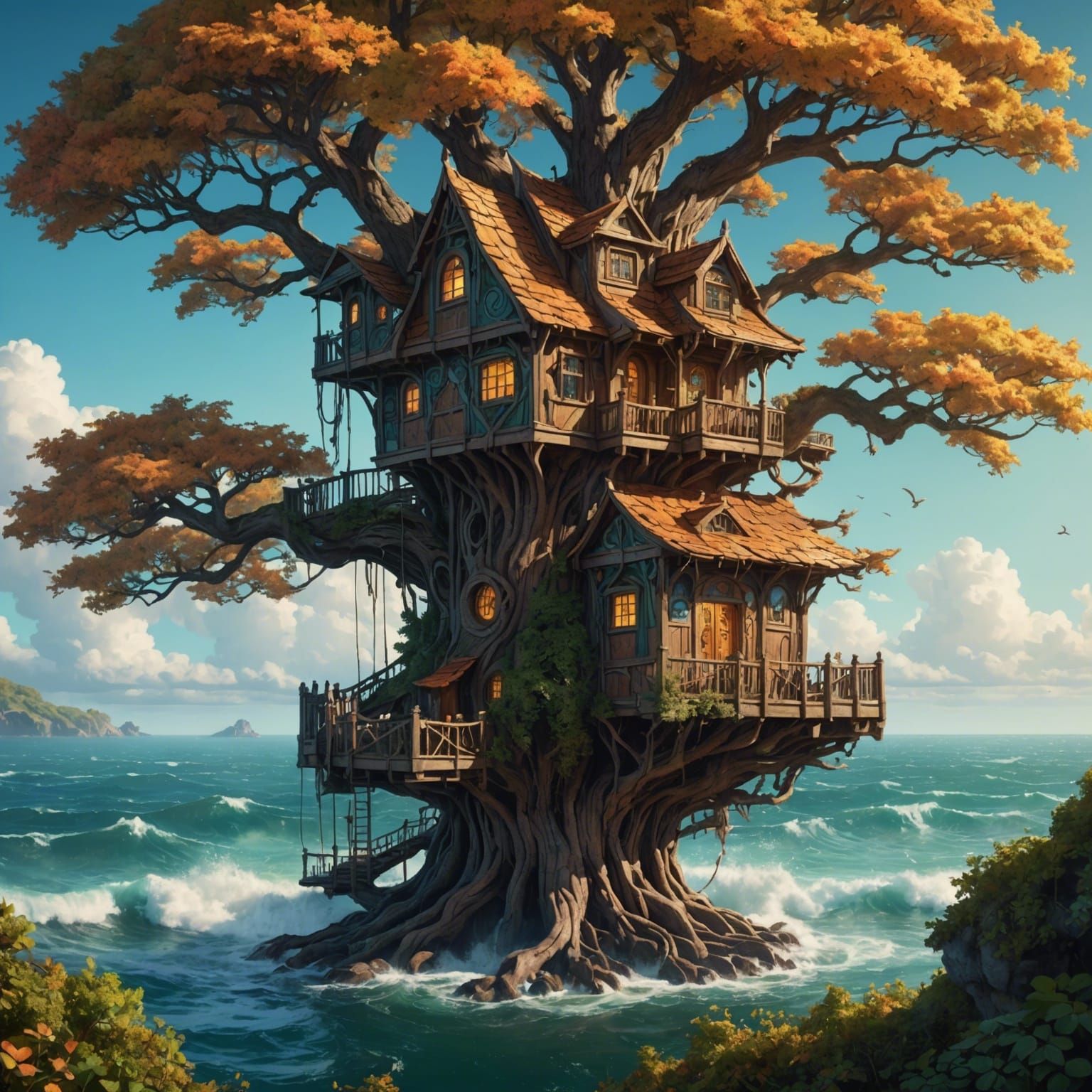 Art Nouveau Treehouse in Ocean Oak: Hyperrealistic Splash Ar...