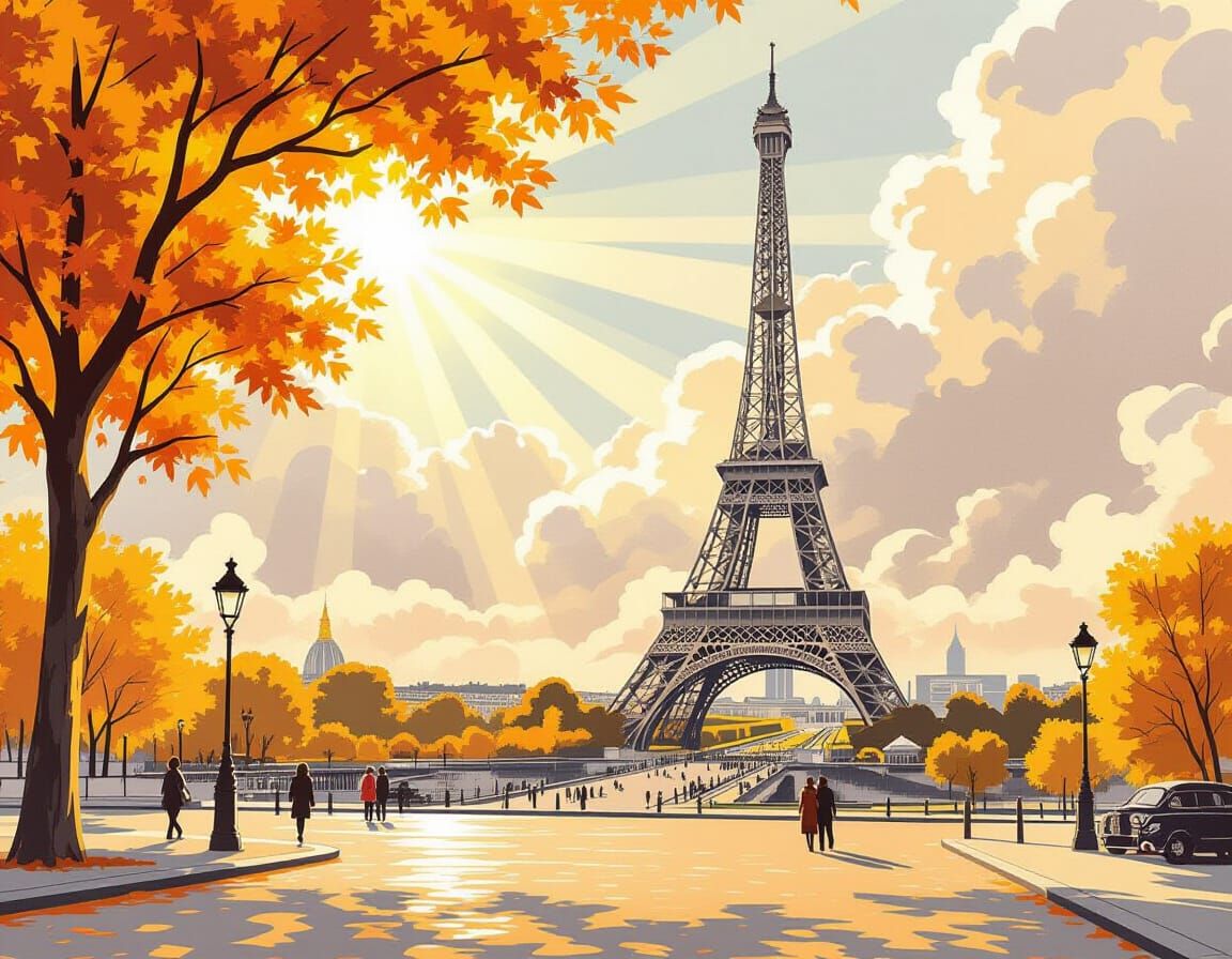 Eiffel Tower in Graphite, Golden Autumn Scene