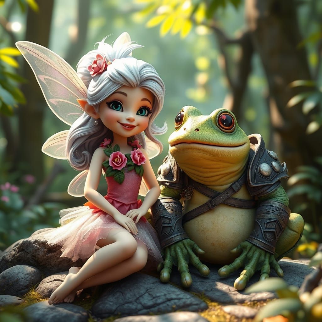Whimsical Fairy Sits Beside a Noble Frog Warrior in a Lush F...