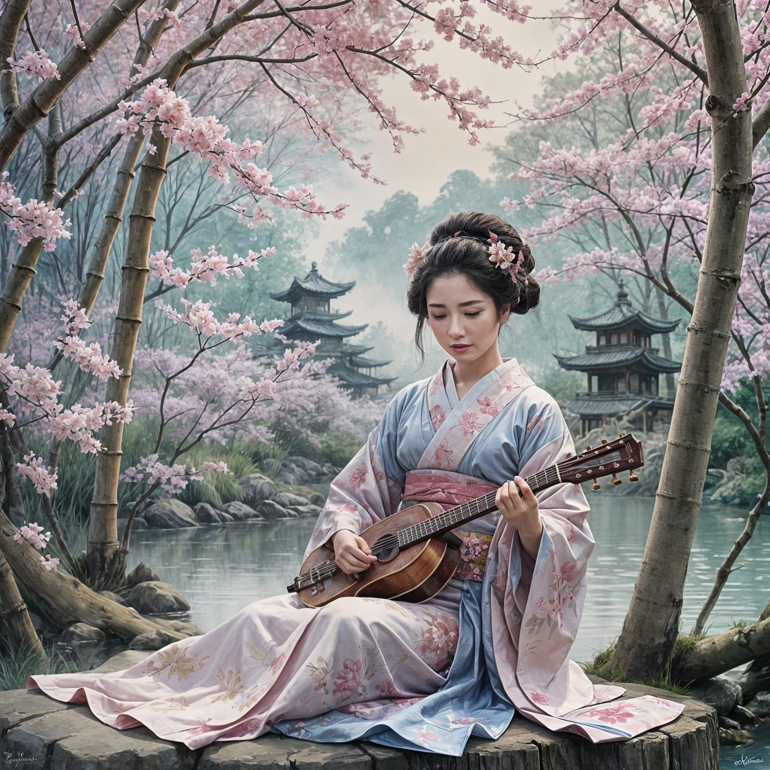 Geisha Playing Shamisen in Watercolor Style