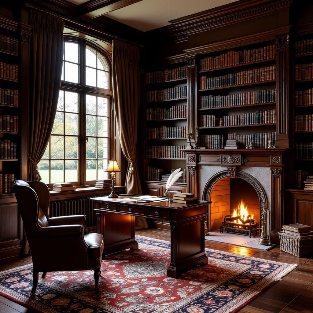 Sun-Drenched Manor Library in Vermeer Style