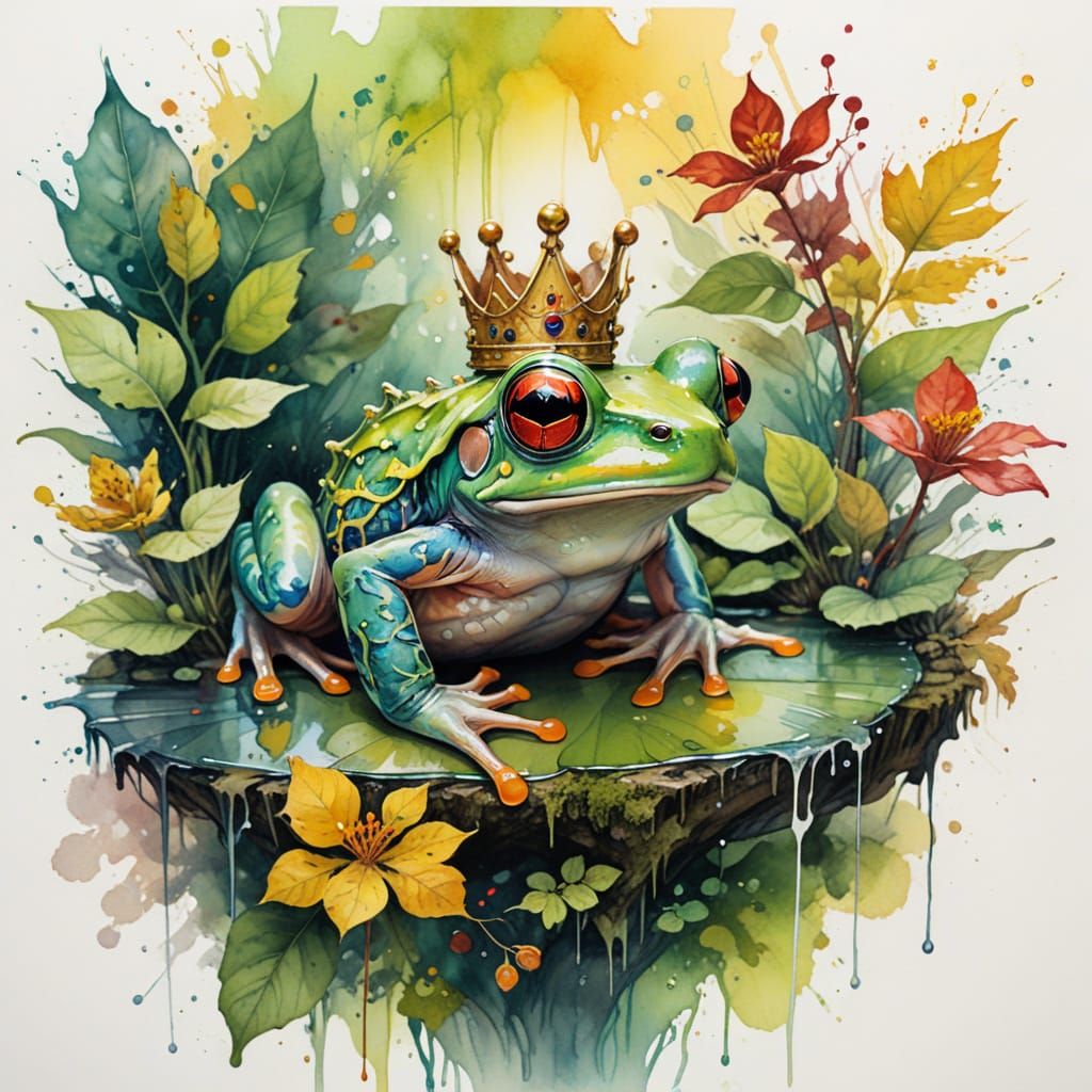 Surreal Watercolor Frog Perched in Rainforest Pond