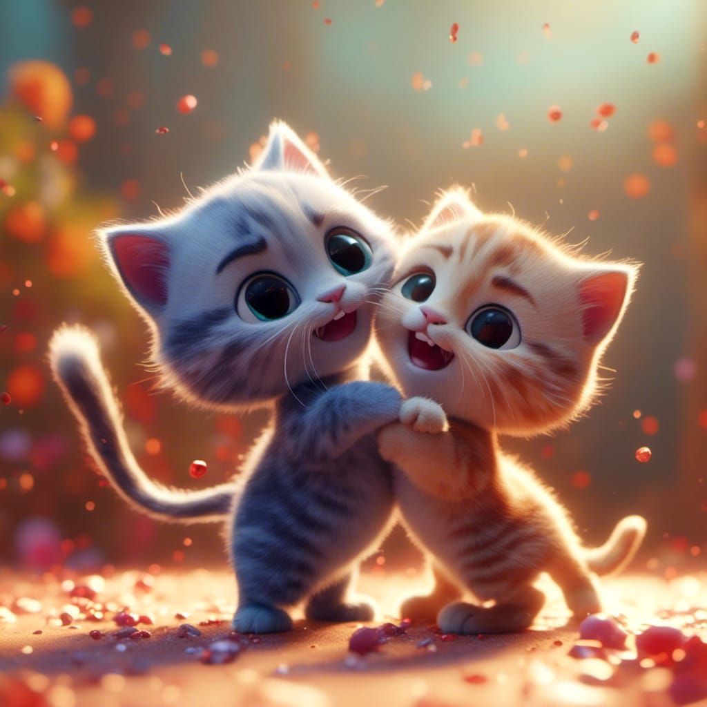 Cute Kittens Hugging: Pixar-Style 3D Digital Art