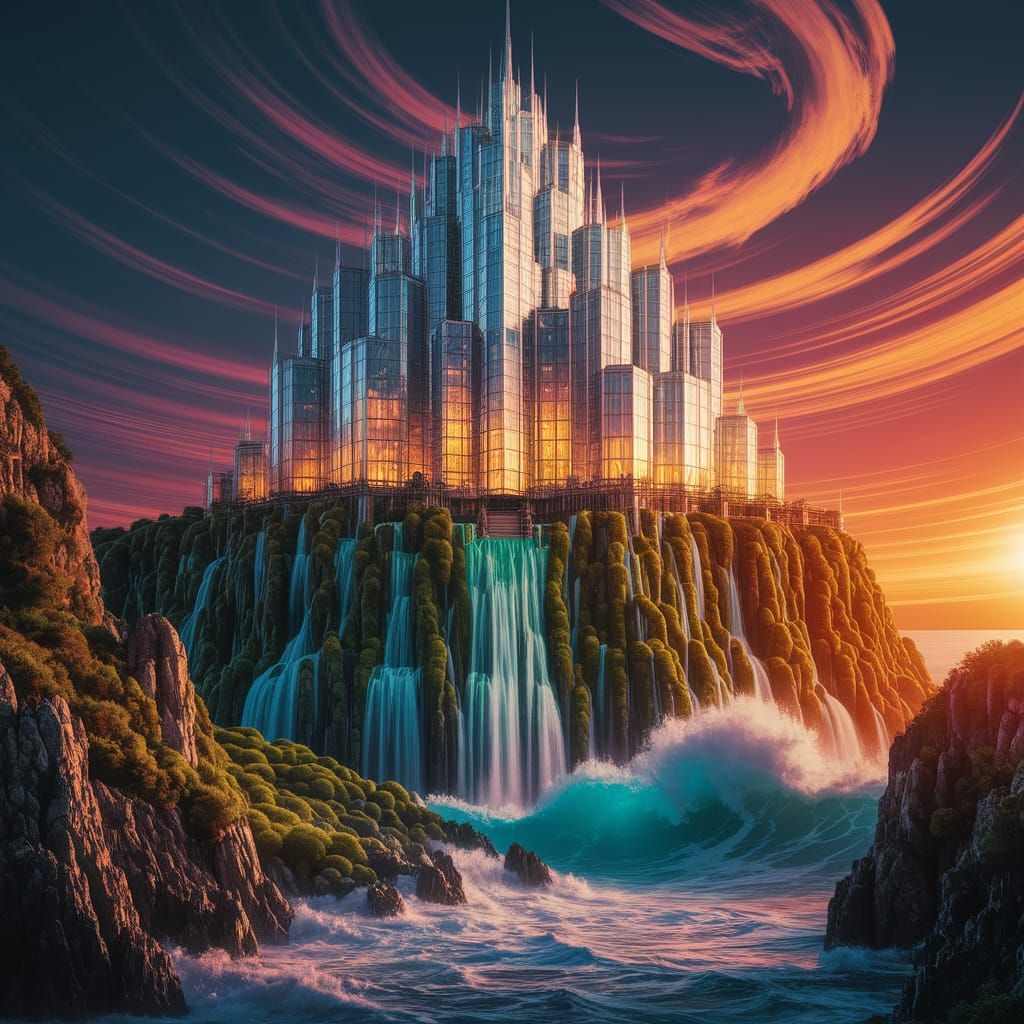 Clifftop Castle of Glass and Steel at Sunset