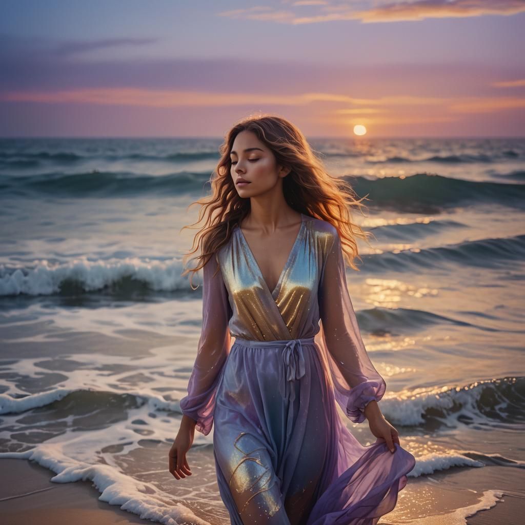 Serene Woman in Ocean Sunset: Digital Art