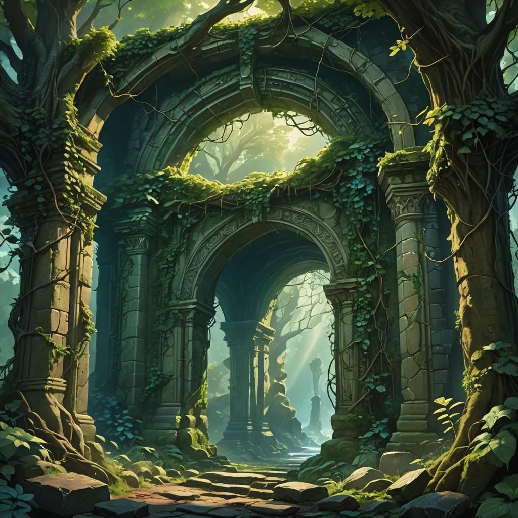 Mystical Portal Engulfs Ancient Archway in Dreamlike Forest