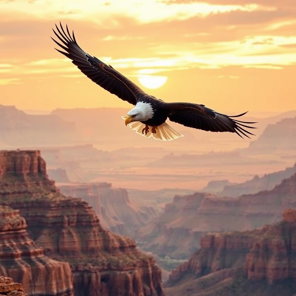 Bald Eagle Soars Over Grand Canyon in Sunset Glow